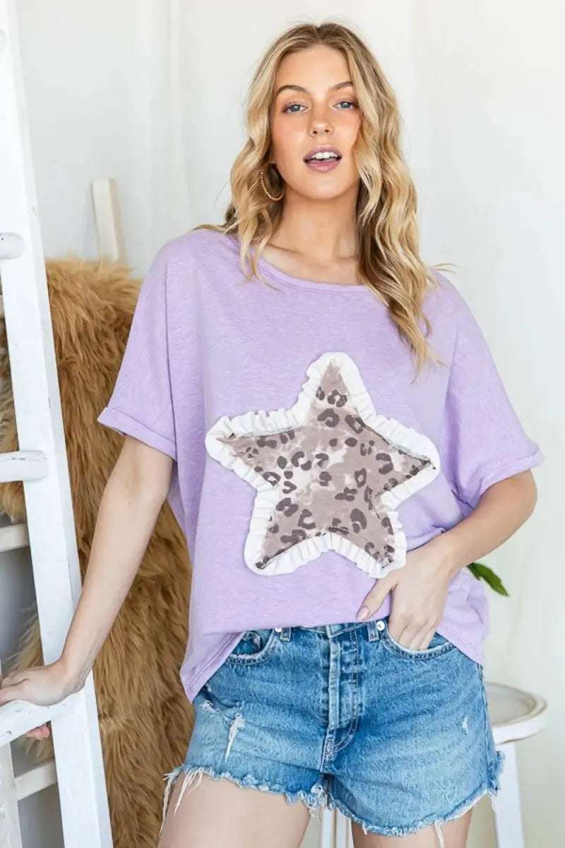HOPELY Leopard Star Patch Short Sleeve T-Shirt for Women - Love Salve